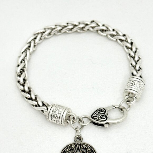 Silver-Tone Hamsa Hand Charm Bracelet Heart Lobster Clasp & Thick Braided Chain - Picture 4 of 8